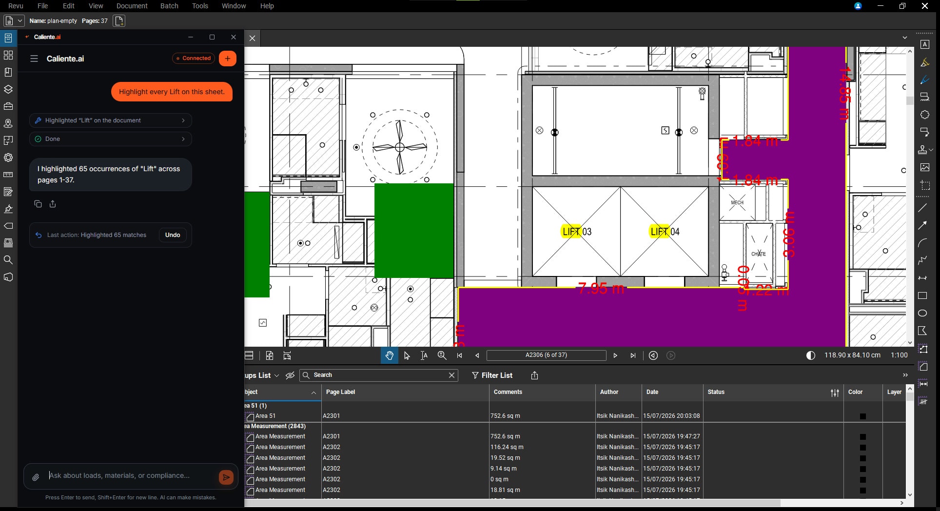 Caliente in Bluebeam Revu: “I highlighted 65 occurrences of Lift across pages 1-37.”