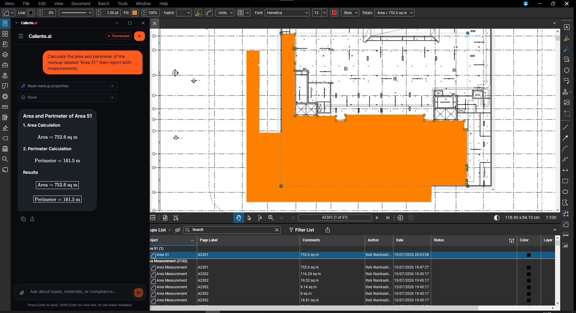 Caliente in Bluebeam Revu reading a markup back: “Area = 752.6 sq m, Perimeter = 161.5 m” for the markup labeled Area 51.