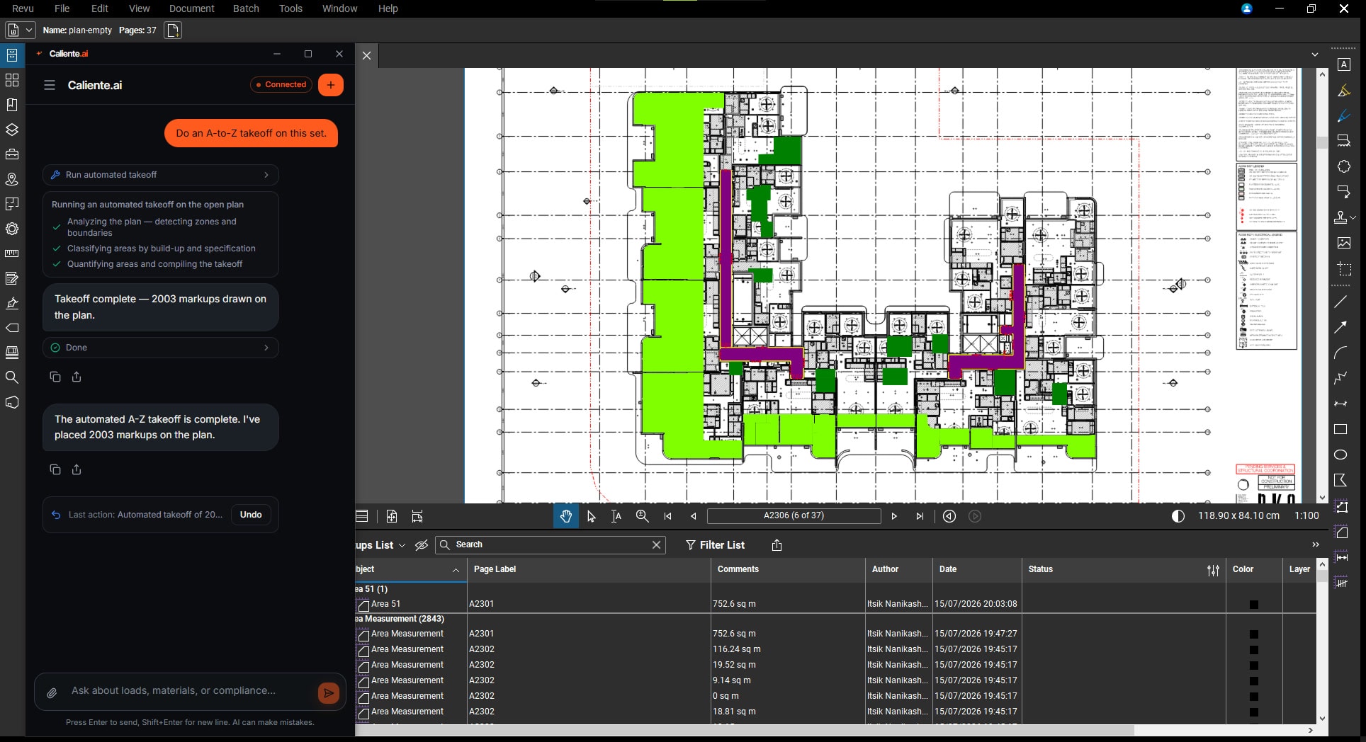 Caliente in Bluebeam Revu: “Takeoff complete: 2003 markups drawn on the plan,” with the takeoff drawn across the sheet.